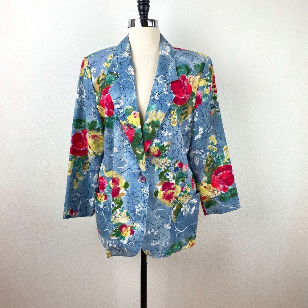 90s Y2K Danielle B Blue Woman 12 Floral Blazer Rayon Flax Cottagecore Career Art